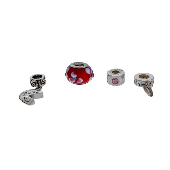 Lot of 4 Charms: Pandora Palm Tree, Chamilia Swarovski Clip, Red Glass, Mother - Picture 1 of 6